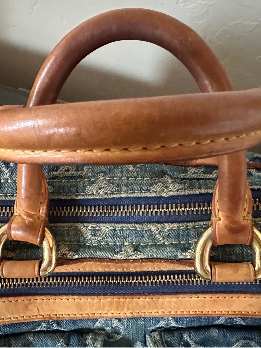 Louis Vuitton Blue Denim Speedy Monogram Satchel with Tan Leather Trim - Picture 3 of 13